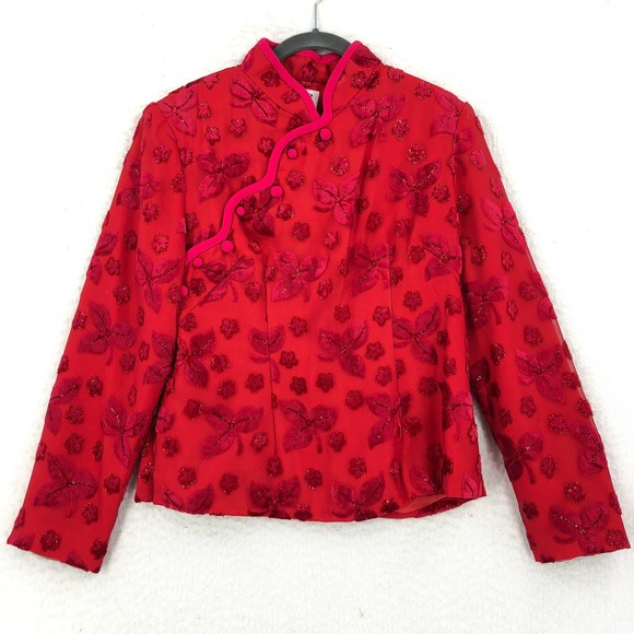 TOP MODEL Tops - Top Model Womens EU 38 Red Velvet Floral Jacquard Top Diagonal Button Up Blouse